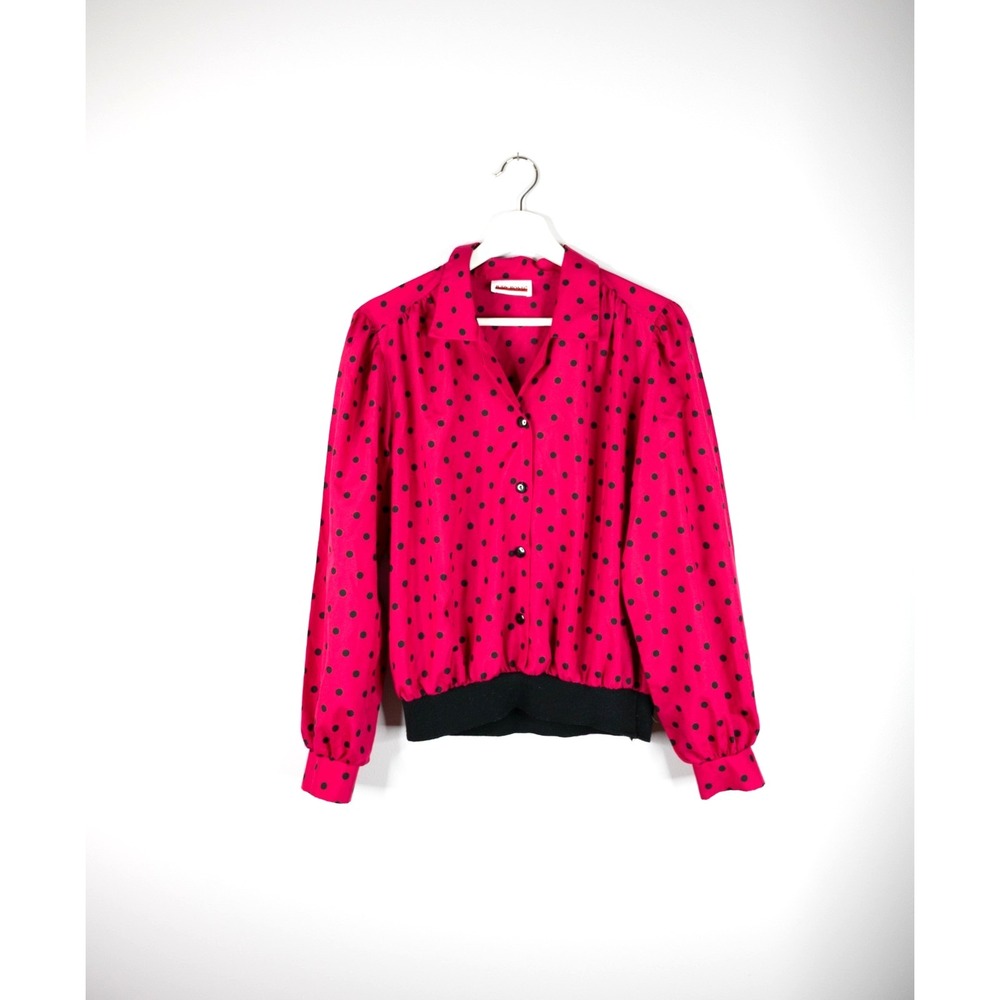 Vintage Judy Bond Blouse Women's S/M Pink Black Polkdots Elastic‎ Waist 70s